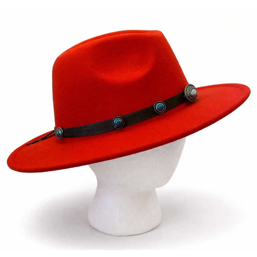 Anthropolgie Womens Western Fedora Hat‎ One Size Red Felt Silver Charm Hatband